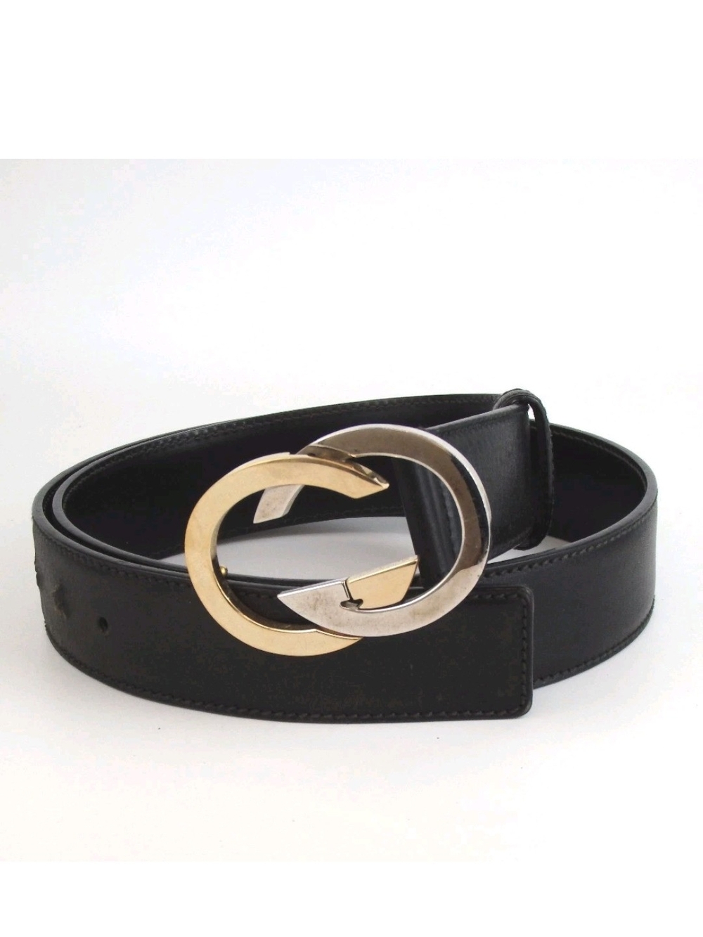 Gucci Black Leather Belt with Two-Tone Gold & Silver GG Buckle